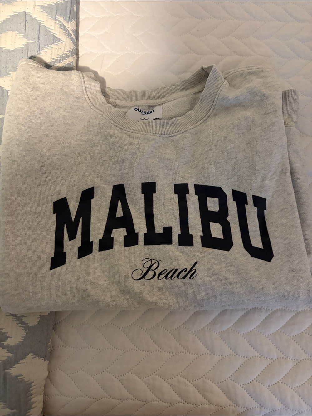 Old Navy Light Gray Sweatshirt with Navy "Malibu Beach" Print